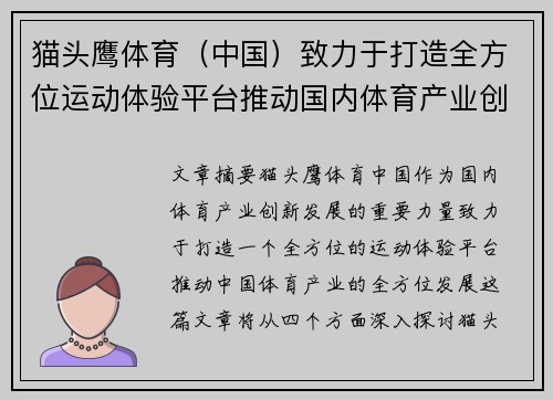 猫头鹰体育（中国）致力于打造全方位运动体验平台推动国内体育产业创新发展