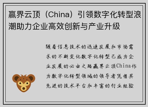 赢界云顶（China）引领数字化转型浪潮助力企业高效创新与产业升级